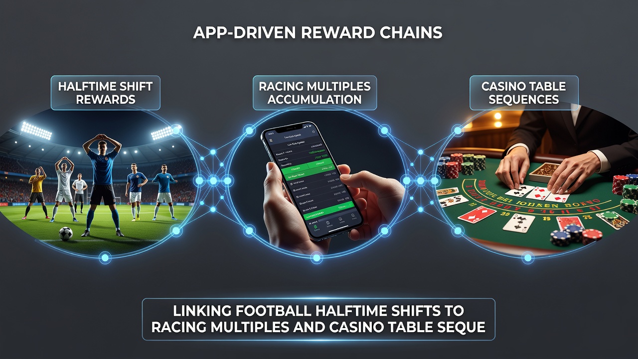 Illustration of reward chain progression from soccer halftime to racing multiples and casino sequences