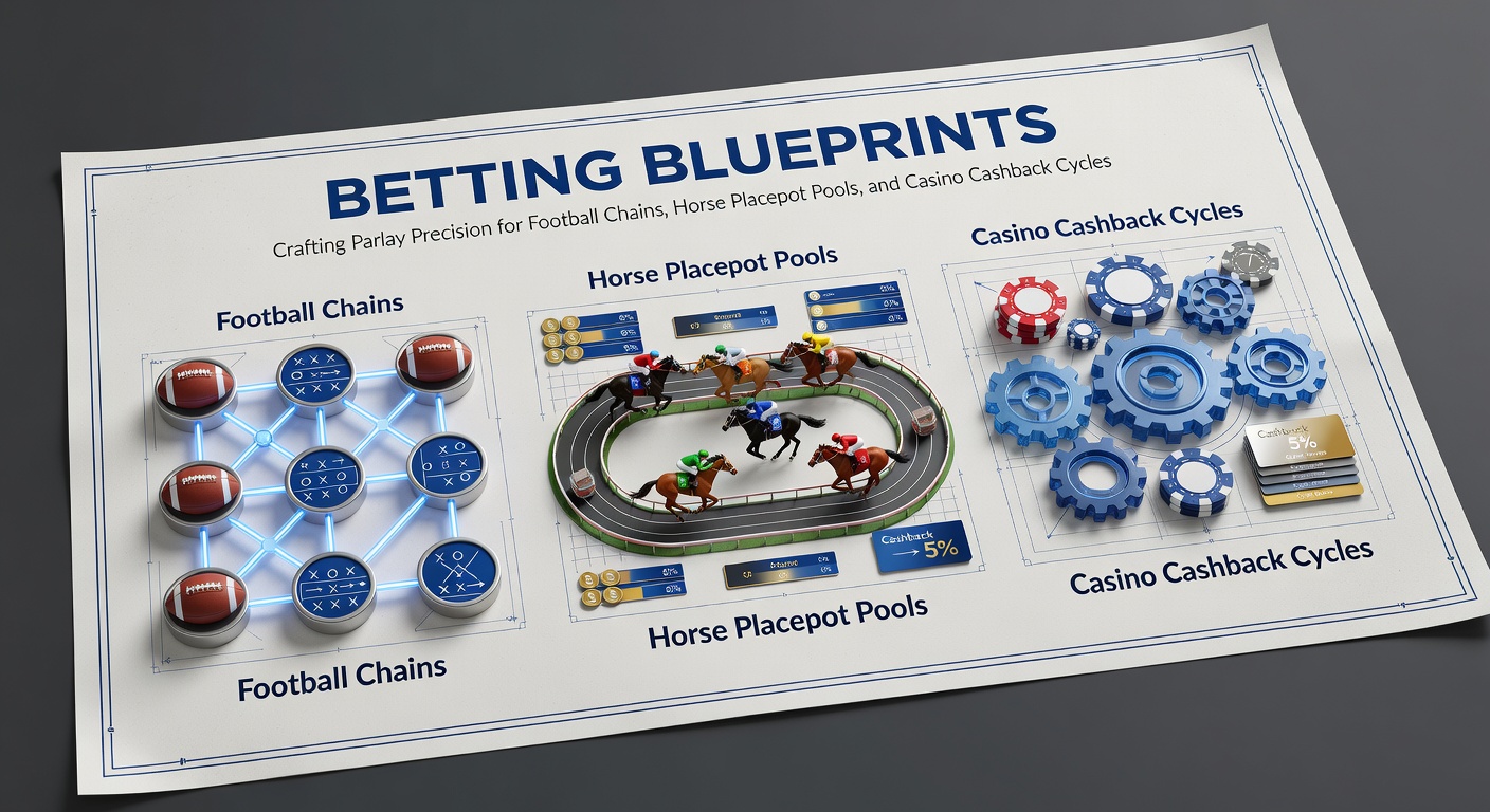 Digital blueprint overlay on a football field with parlay odds chains linking matches, transitioning to horse racing tracks and casino slot reels in a strategic cycle