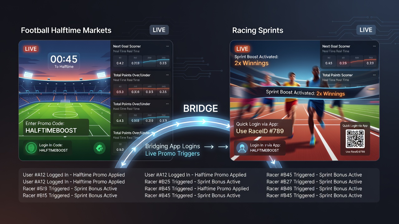 Workflow diagram of app login connecting to live promotional triggers during football halftime and racing sprint events