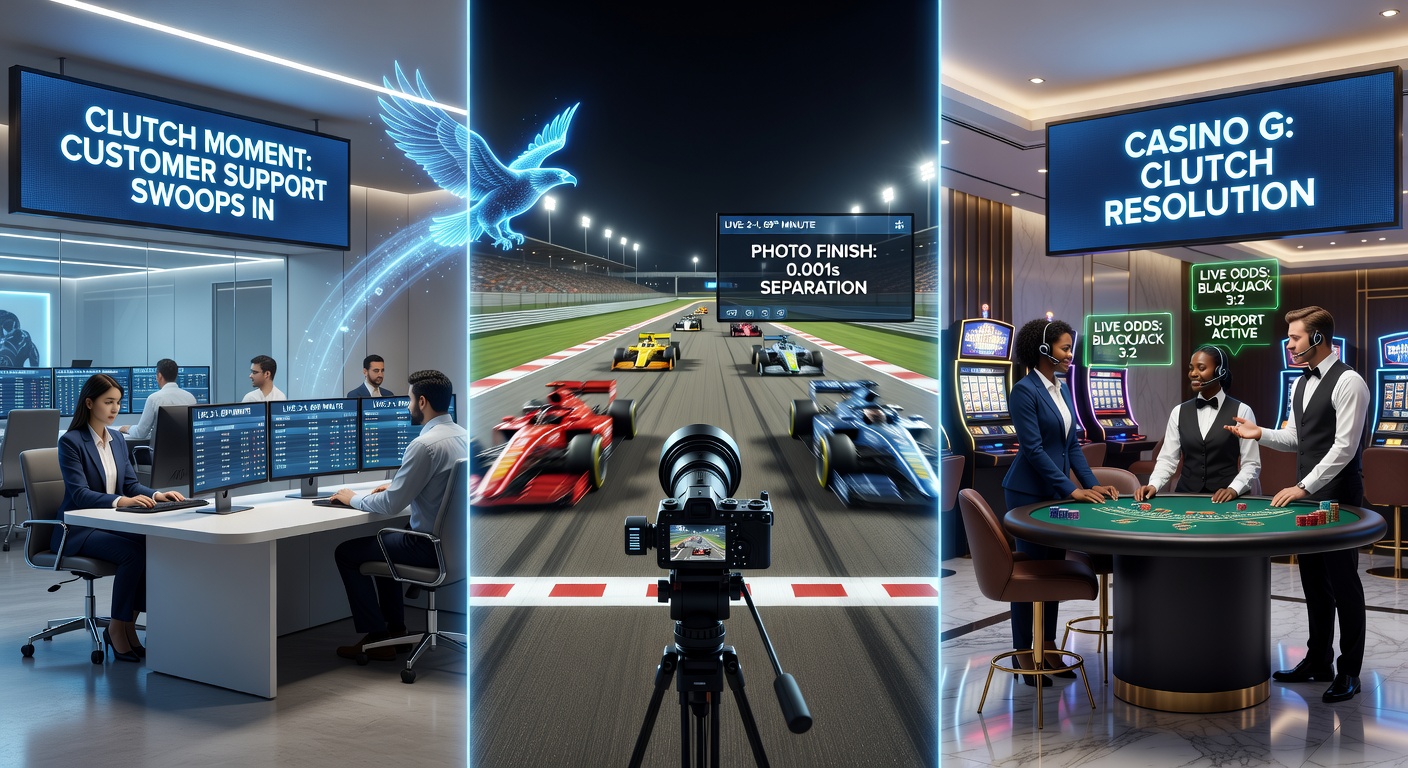 A dramatic horse racing photo finish at the wire, with support chat bubbles resolving bet queries in real-time amid the crowd's roar