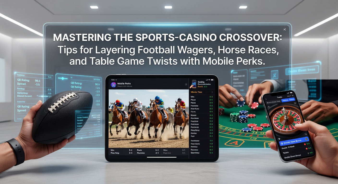 Dynamic scene of a soccer match overlayed with horse racing tracks and casino roulette wheel, symbolizing layered betting strategies