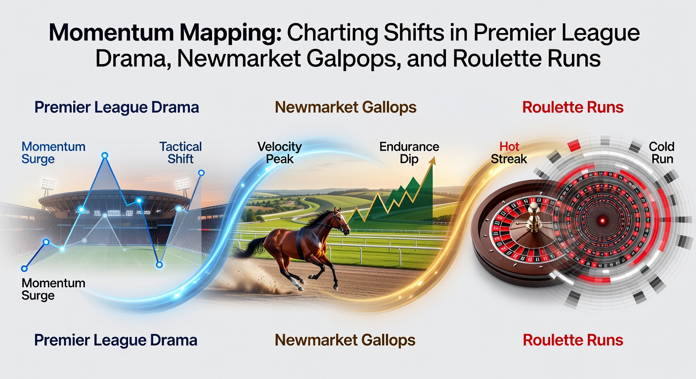 Graph overlaying momentum curves from a Premier League match, a Newmarket horse race, and a roulette spin sequence, highlighting peak shifts in real-time data
