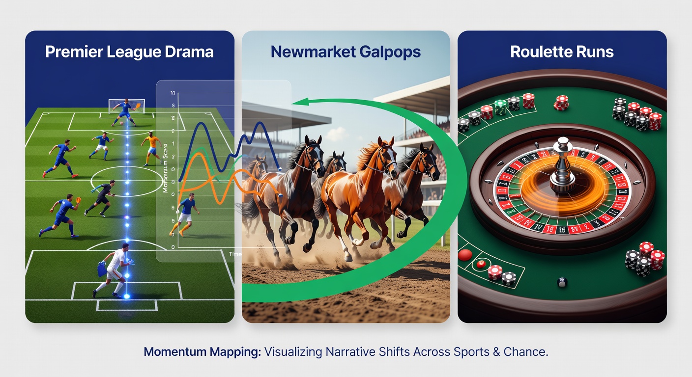 Close-up of a digital dashboard displaying synchronized momentum graphs for soccer, horse racing, and roulette, with peaks and valleys marked by live data points