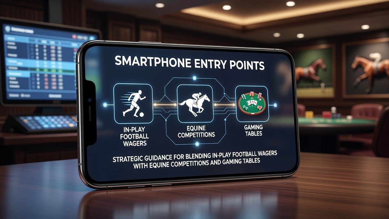 Smartphone screen displaying integrated betting app interface for football, horse racing, and casino games