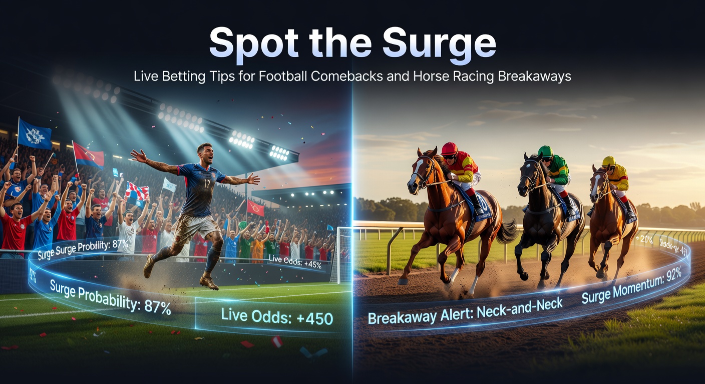 Close-up action shot of a soccer comeback goal in slow motion alongside a horse breaking away in a photo finish