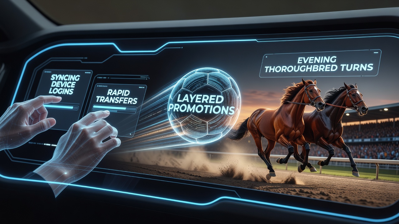 Mobile device showing synced login screen with soccer and horse racing betting interfaces active simultaneously