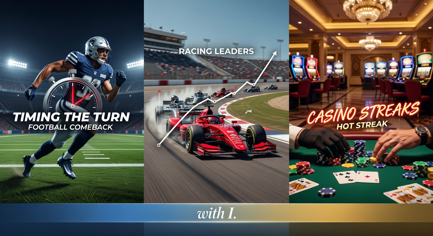 A dynamic split-image showing a soccer player celebrating a comeback goal, a horse surging ahead in a race, and casino chips stacking during a winning streak, highlighting momentum shifts in betting scenarios