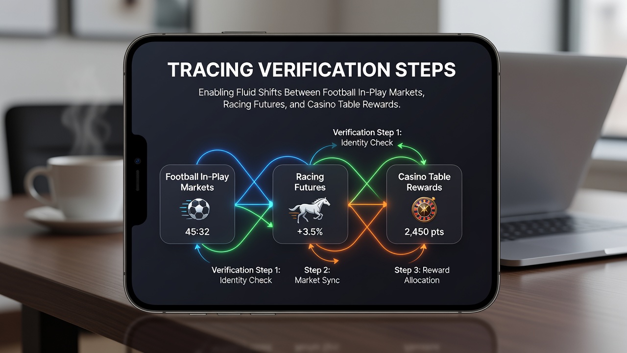 Mobile interface displaying verification steps for shifting between football in-play bets, racing futures, and casino rewards
