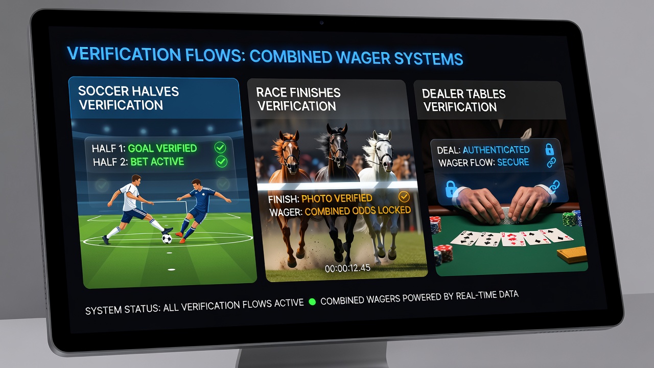 Flowchart of verification steps linking racing results with live dealer and soccer bets